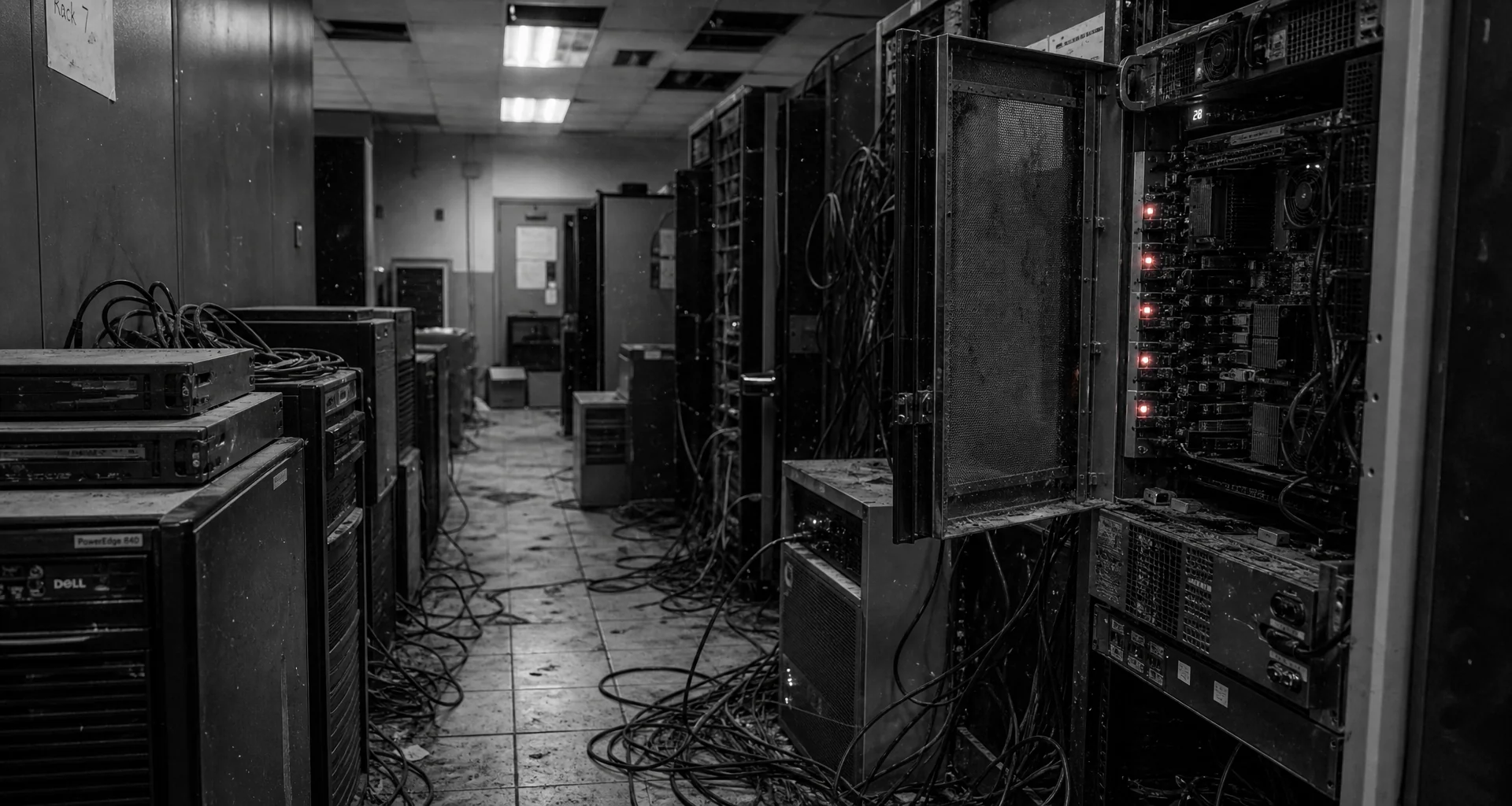 Old server racks in a dark room