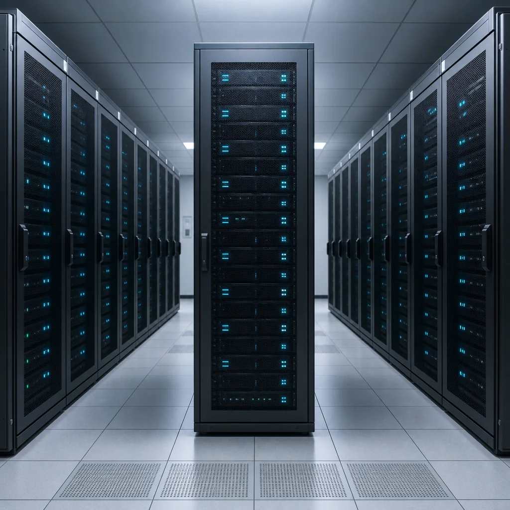 Glowing server infrastructure nodes in a modern data center